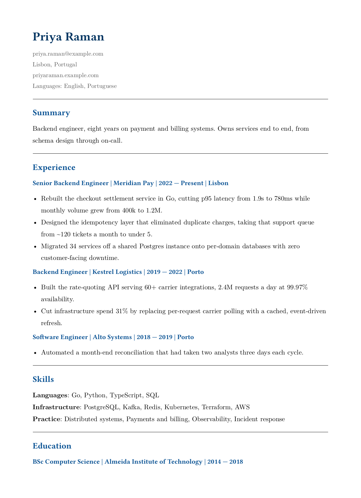 Resume example for a senior backend engineer: name, contact details, summary, three roles with quantified bullets, skills, and education, on one page