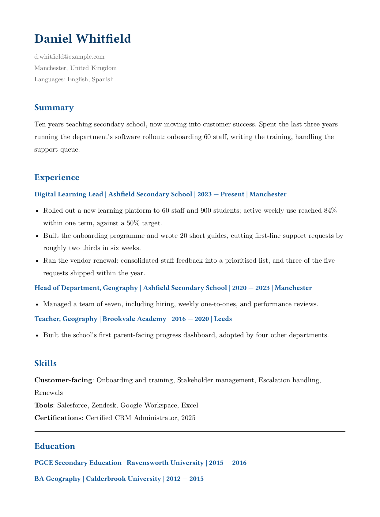 Resume example for a teacher moving into customer success: summary explaining the move, three roles in education reframed around onboarding, training, and stakeholder work