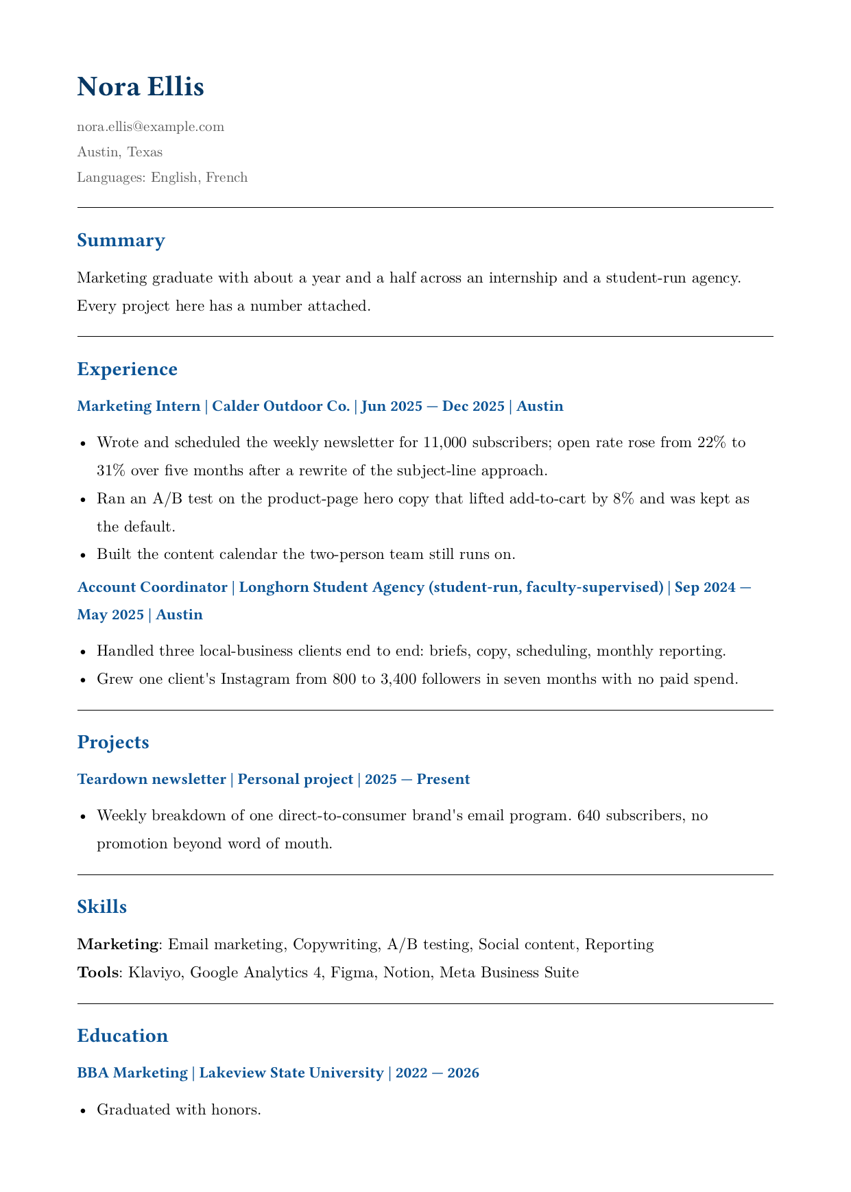 Resume example for a recent marketing graduate: internship, student agency role, a personal project, skills, and degree