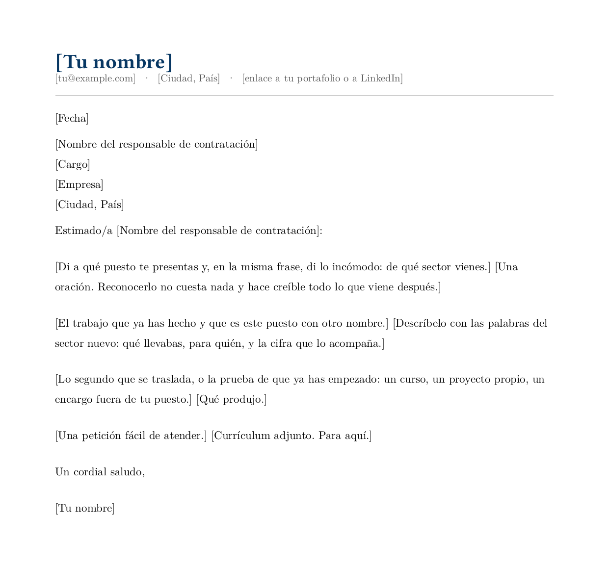 Plantilla en blanco de carta para cambio de sector: la instrucción de apertura te pide decir a qué puesto te presentas y de qué sector vienes en la misma frase, seguida de instrucciones para el trabajo que se traslada y para la prueba de que ya has empezado
