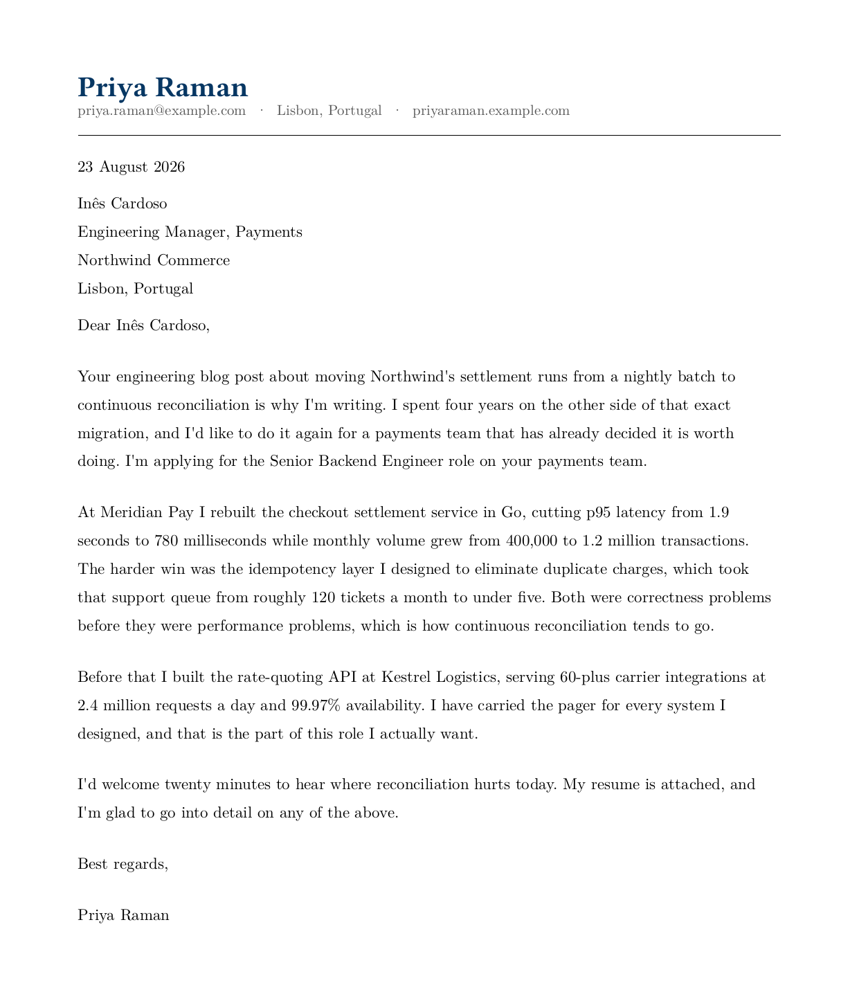 Cover letter example for a senior backend engineer: letterhead with name and contact details, date, named addressee, an opening that references the company's engineering blog, two paragraphs of quantified experience, and a short close