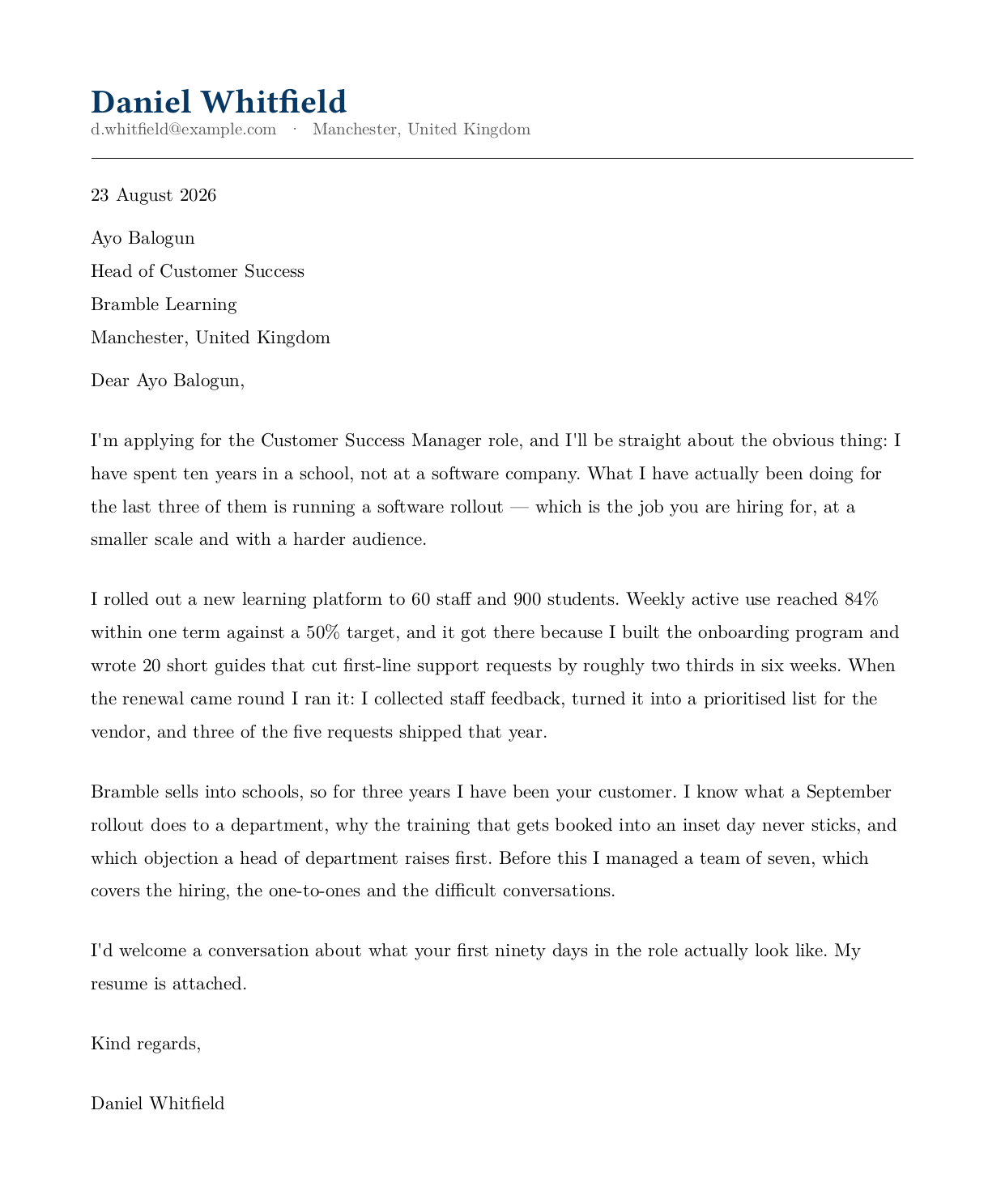 Cover letter example for a teacher moving into customer success: opens by naming the career change directly, then reframes a school software rollout as onboarding, training, and renewals work