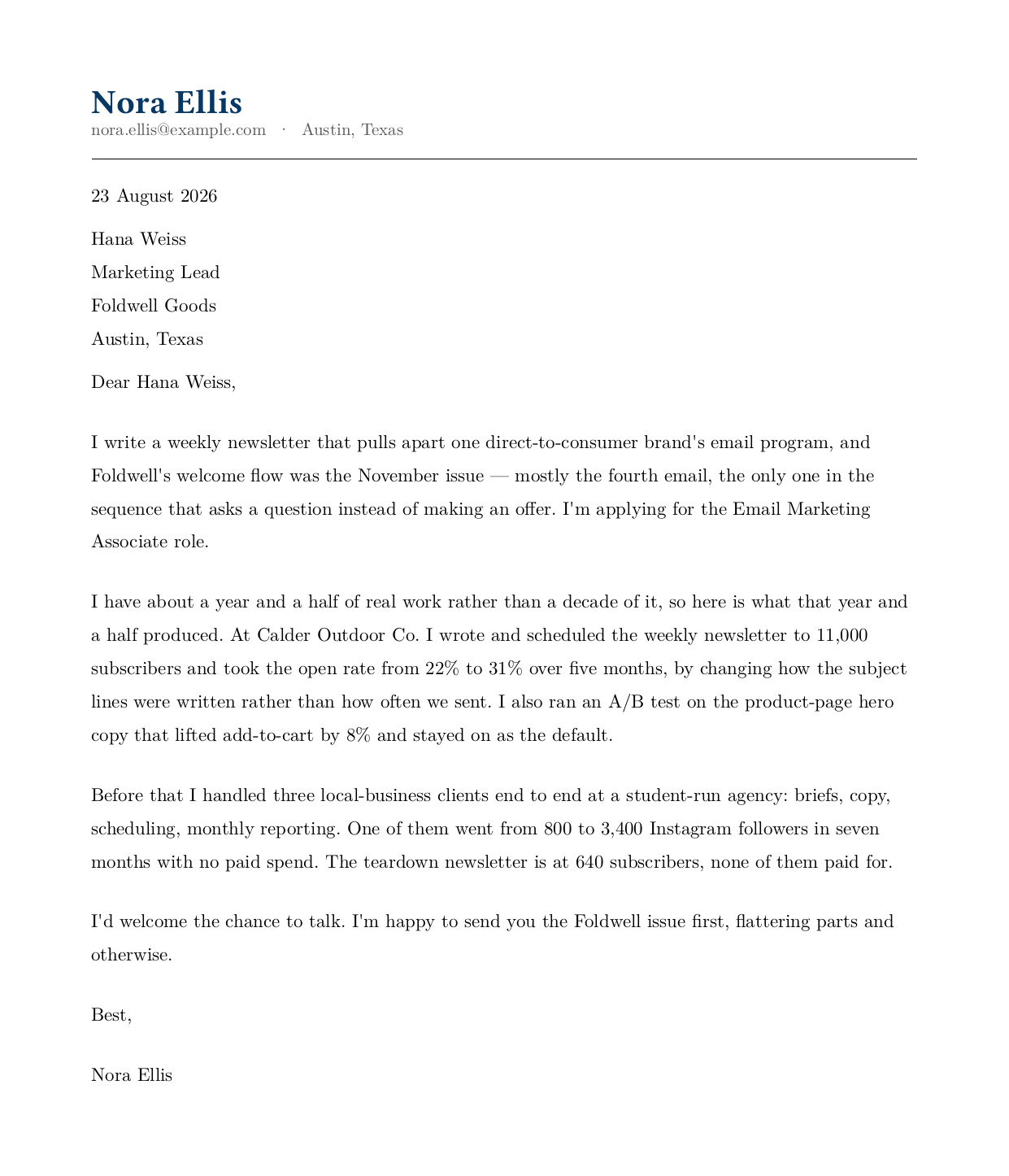Cover letter example for a recent marketing graduate: opens with a specific observation about the company's own email sequence, then a marketing job, a student-agency role, and a personal newsletter, each with a number