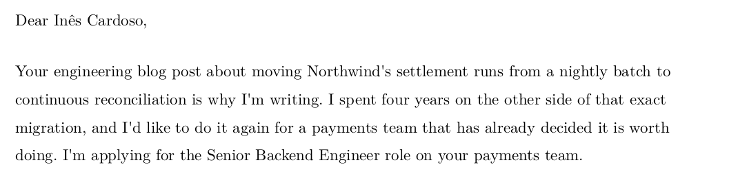 Close-up of a cover letter opening: the greeting to a named person, followed by a first paragraph that names the company's own engineering post as the reason for writing