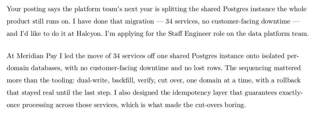 The same candidate's opening written for a data-infrastructure role: leads with the zero-downtime database split and the sequencing behind it
