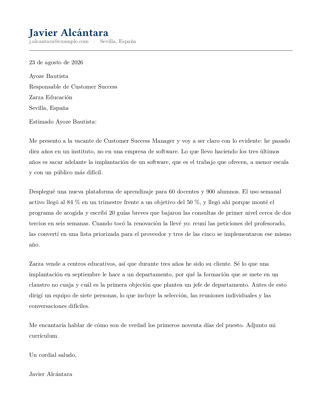 Ejemplo de carta de presentación de un docente que pasa a customer success: abre nombrando el cambio de sector directamente y luego reencuadra la implantación de un software escolar como trabajo de acogida, formación y renovaciones