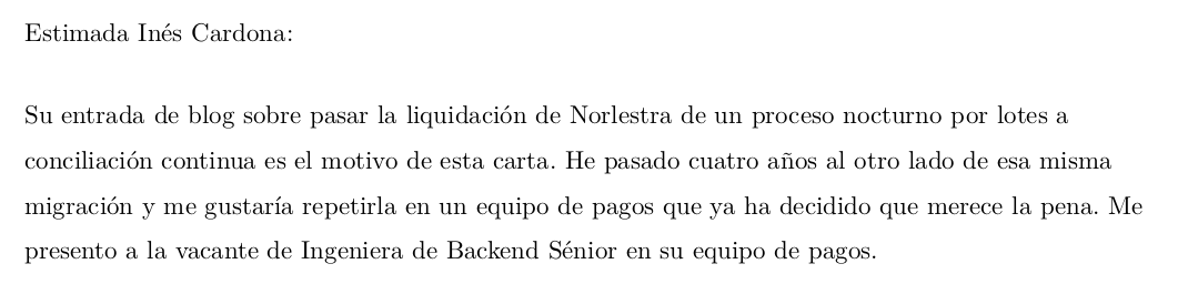 Detalle de la apertura de una carta de presentación: el saludo a una persona con nombre y un primer párrafo que cita la propia entrada de ingeniería de la empresa como motivo de la carta
