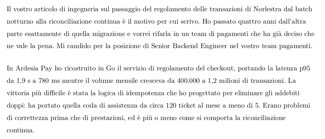 Apertura di lettera scritta per un ruolo nei pagamenti: parte dalla migrazione del regolamento dell'azienda e dai numeri di latenza del checkout e di addebiti doppi