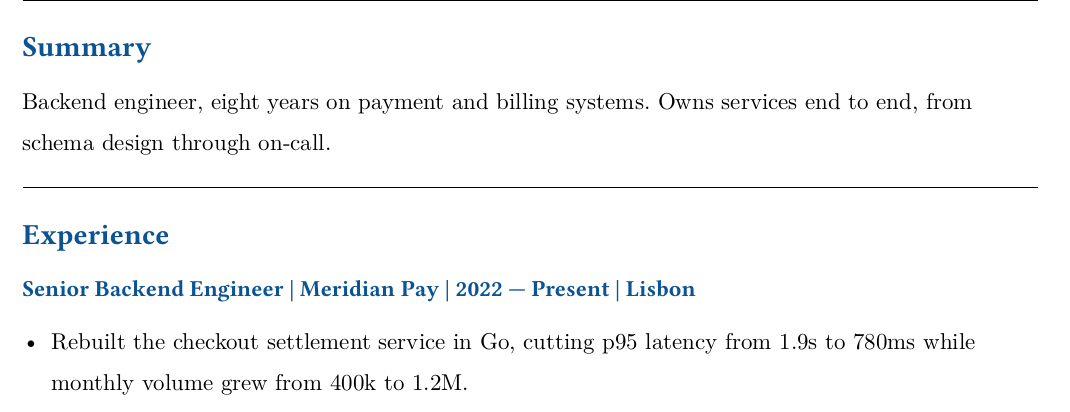 Resume summary and first bullet written for a payments role: leads with payment and billing systems and the checkout latency figure