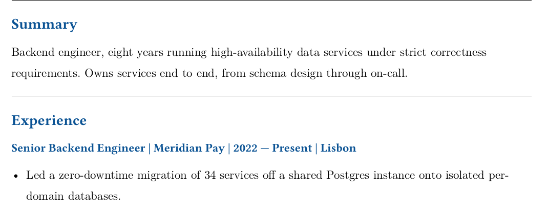 The same resume summary and first bullet written for a data-infrastructure role: leads with high-availability data services and the zero-downtime migration