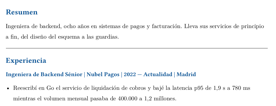 Resumen y primer punto de un currículum escritos para un puesto de pagos: arrancan con los sistemas de pagos y facturación y con la cifra de latencia del cobro