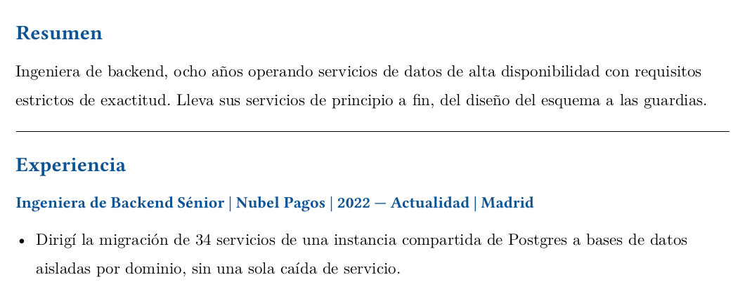 El mismo resumen y primer punto escritos para un puesto de infraestructura de datos: arrancan con los servicios de datos de alta disponibilidad y con la migración sin caídas