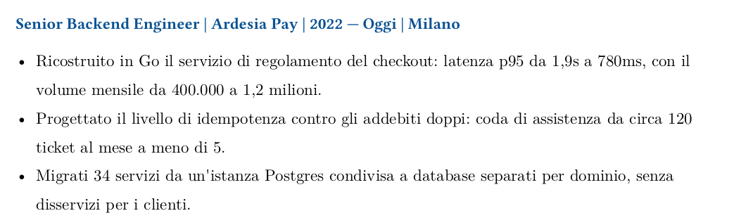 Dettaglio di tre punti di un curriculum, ognuno aperto dall'azione e chiuso da un risultato misurato