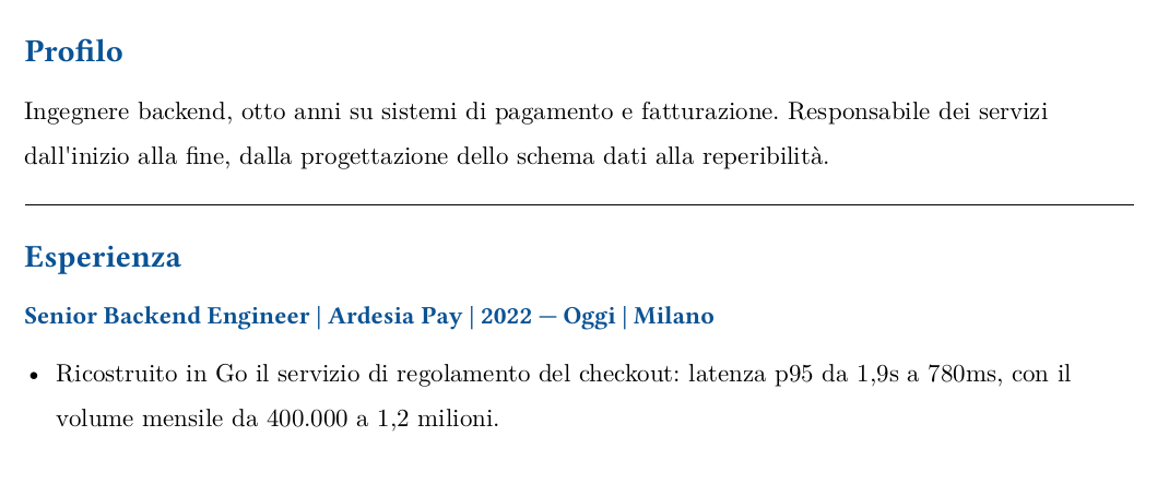 Profilo e primo punto di un curriculum scritti per un ruolo nei pagamenti: aprono con i sistemi di pagamento e fatturazione e con la latenza del checkout