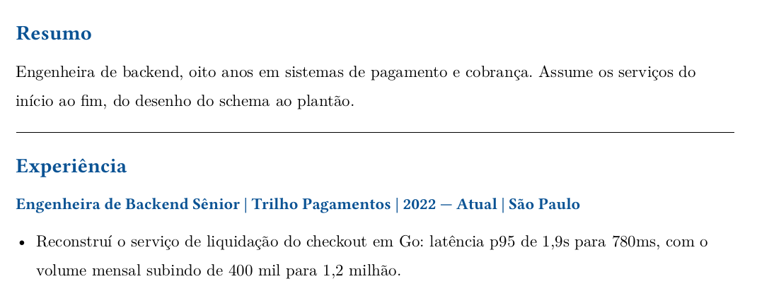 Resumo e primeiro tópico de currículo escritos para uma vaga de pagamentos: começam por sistemas de pagamento e cobrança e trazem a latência do checkout