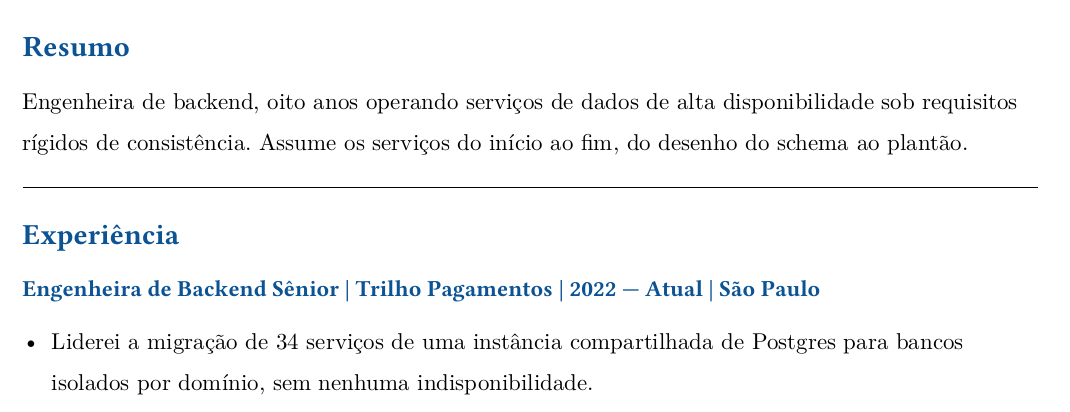 O mesmo resumo e primeiro tópico escritos para uma vaga de infraestrutura de dados: começam por serviços de dados de alta disponibilidade e trazem a migração sem indisponibilidade