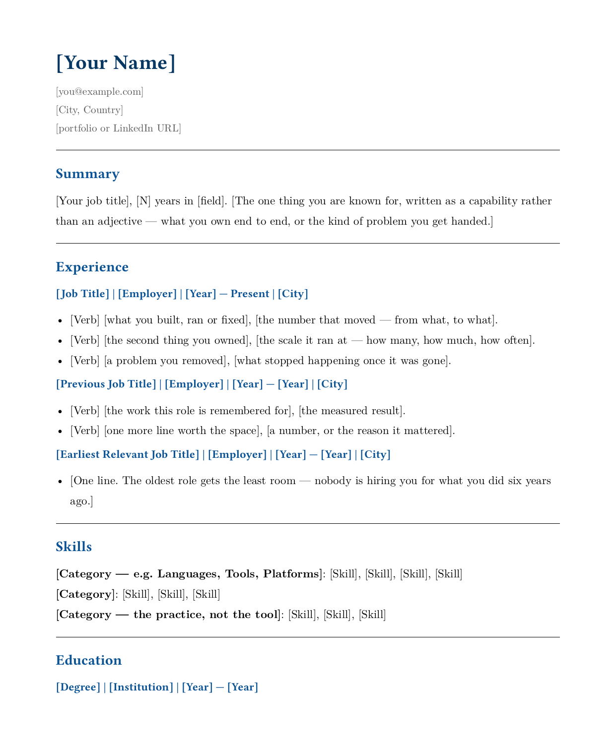 Blank resume template: name and contact details, a summary line, three job entries with prompts in place of bullets, a grouped skills section and one education line, on a single page