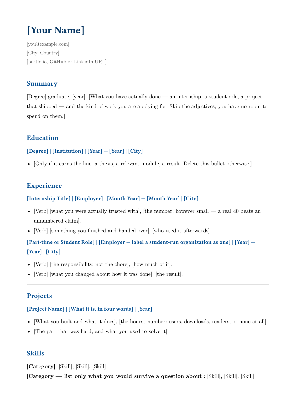 Blank early-career resume template: education placed above experience, an internship and a student role, a projects section, and skills, on one page