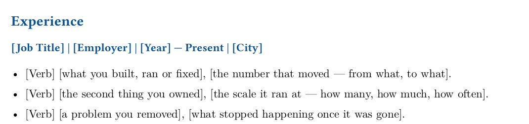 Close-up of the experience section of the blank template: a job entry line reading Job Title, Employer, Year to Present, City, followed by three bullet prompts asking for an action, what changed and — in two of the three — a number