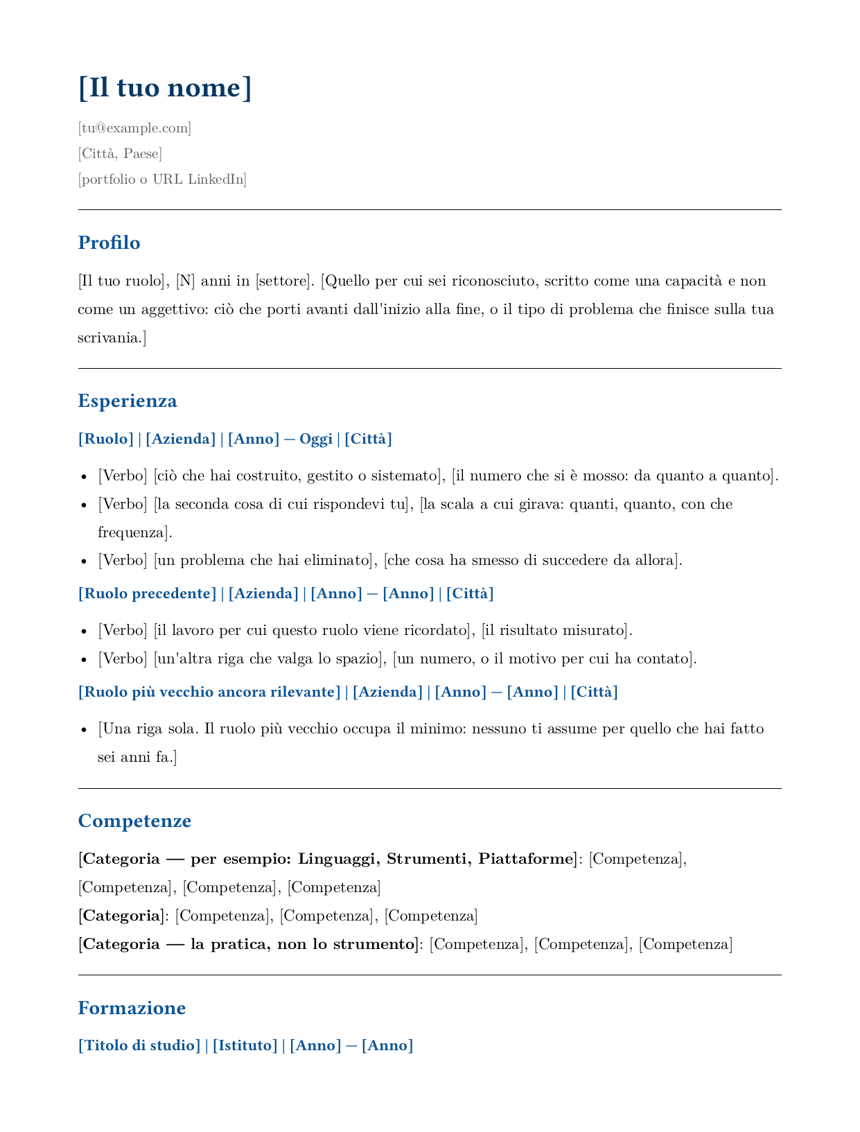 Modello di curriculum vuoto: nome e contatti, una riga di profilo, tre ruoli con istruzioni al posto dei punti, una sezione competenze raggruppate e una riga di formazione, su una sola pagina