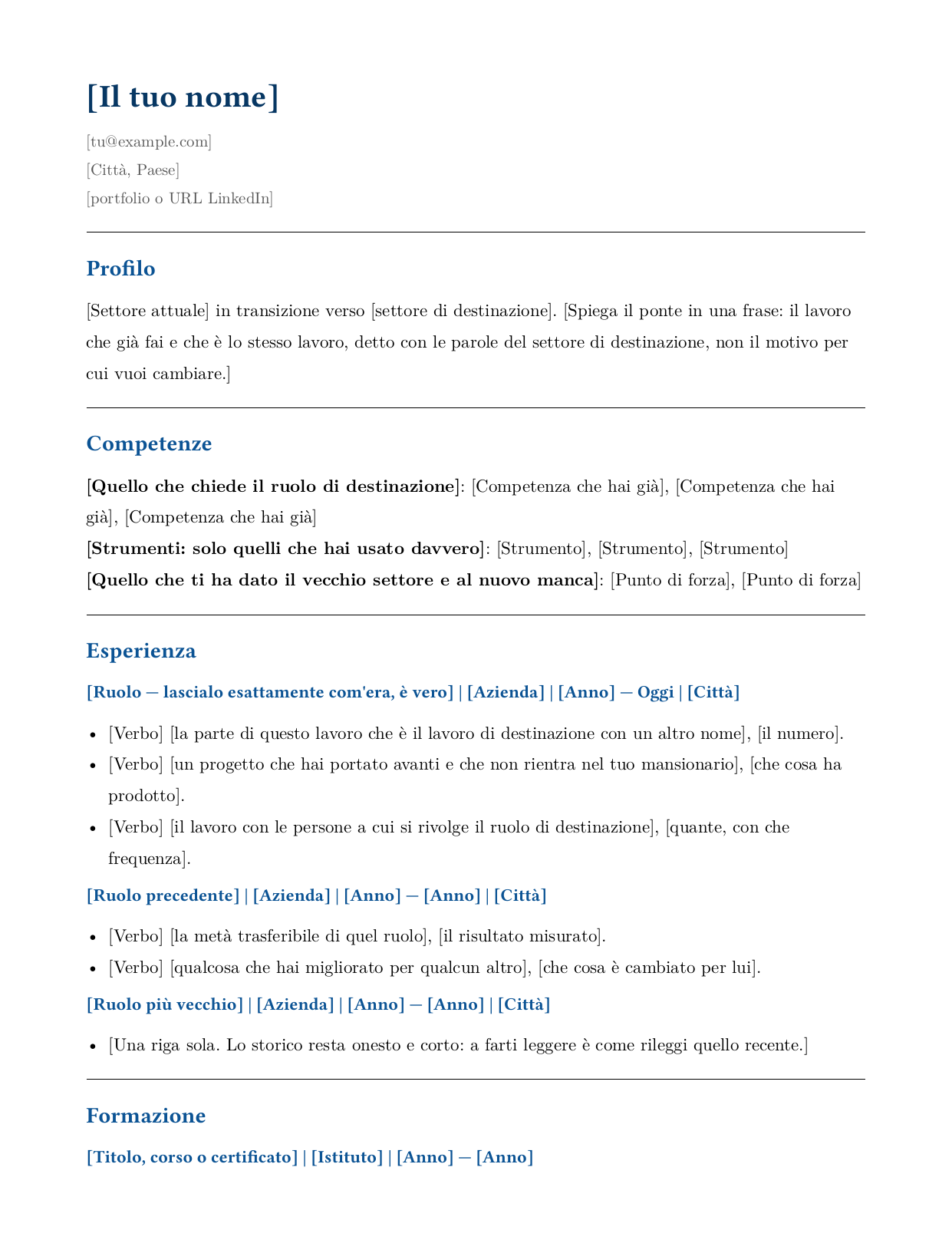 Modello di curriculum vuoto per cambio settore: un profilo che dichiara la transizione, una sezione competenze sopra l'esperienza e tre ruoli le cui istruzioni chiedono che cosa di ogni mansione si porta con sé
